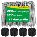 200 Pack Landscape Staples and 200 Pack Gaskets, 11 Gauge 6in Galvanized Steel Garden Staples with Black Pad for Landscape Fabric Supplies for Weed Barrier Fabric