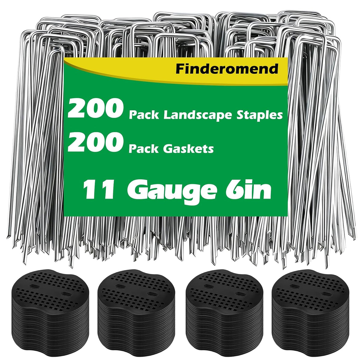 200 Pack Landscape Staples and 200 Pack Gaskets, 11 Gauge 6in Galvanized Steel Garden Staples with Black Pad for Landscape Fabric Supplies for Weed Barrier Fabric