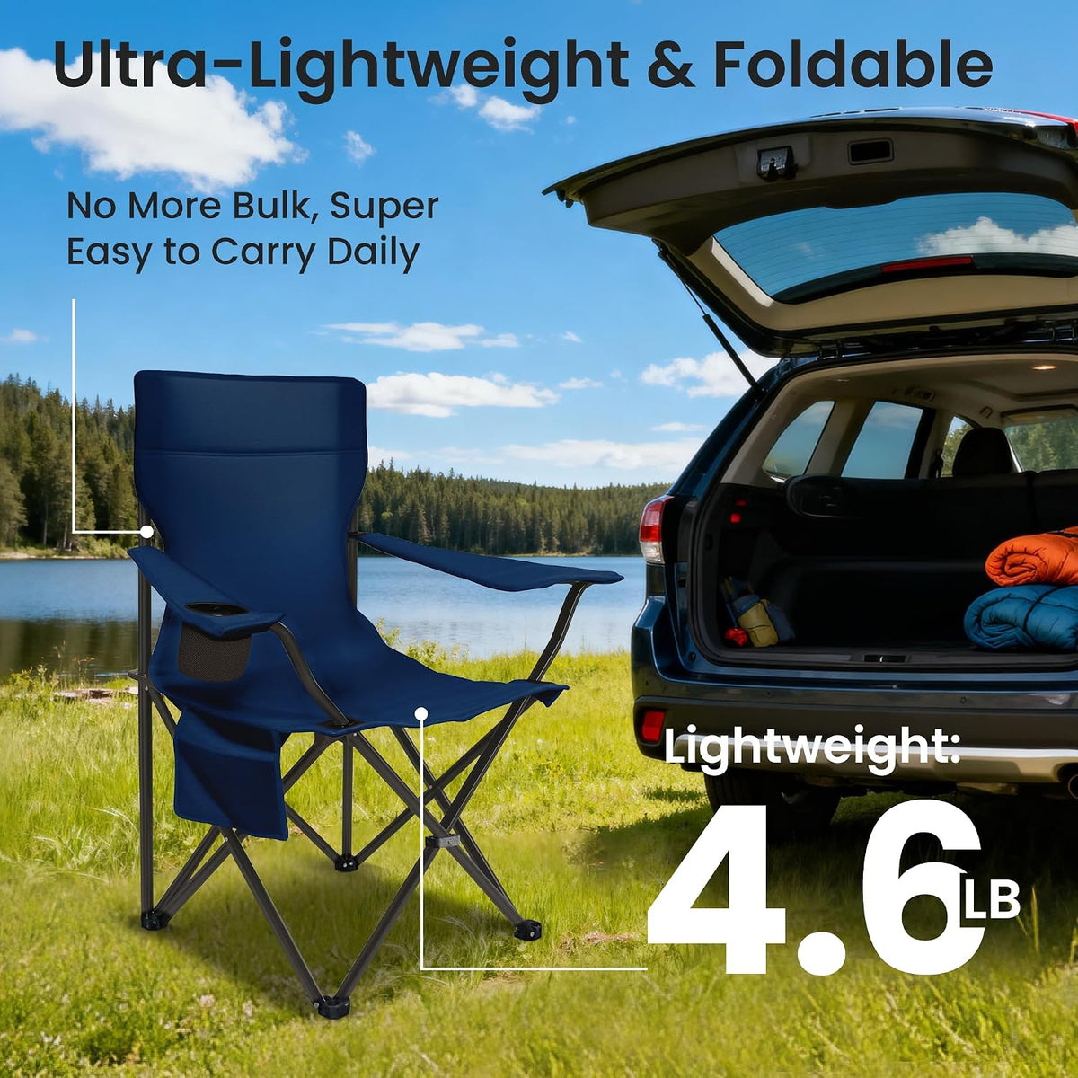 Camping Chairs for Adults 2 Pack, 300LBS Heavy Duty Reinforced Steel Portable Folding Chairs, Ergonomic High Back Outdoor Chair with Cup Holder & Side Pocket, Lightweight Set for Beach Picnic, Blue