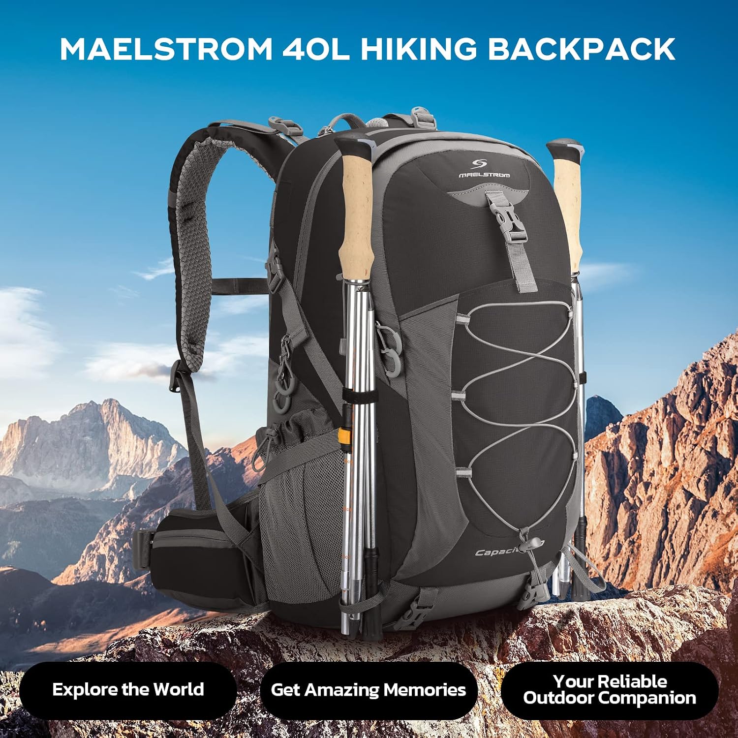 Maelstrom 40L Hiking Backpack, Lightweight Camping Daypack with Rain Cover