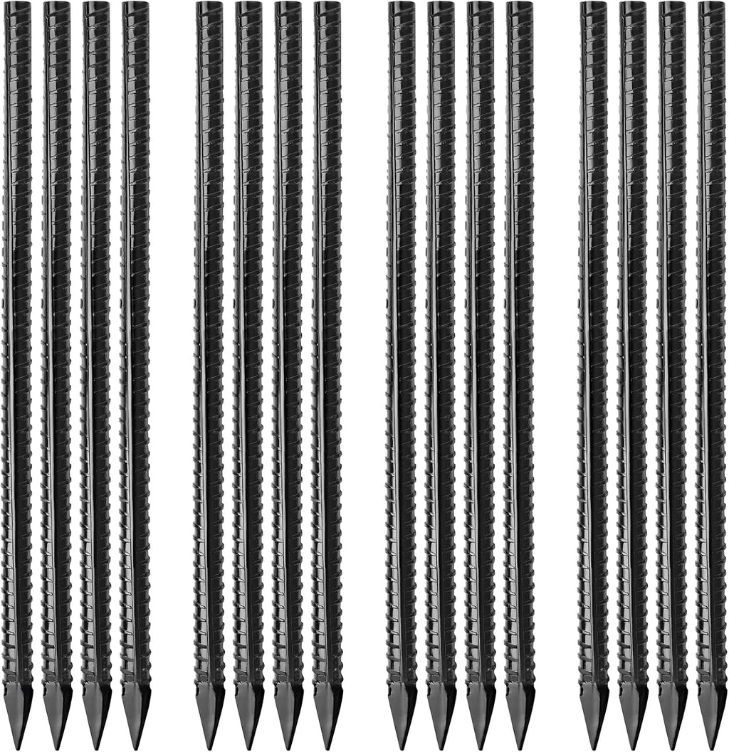 Besitu 16 inches Ground Rebar Stakes (16 pcs) Heavy Duty Metal Spikes for Concrete Timber Garden Plant, Long Straight Steel Stakes for Tent, 3/8" Thickness Ground Anchors with Chisel Point End, Black