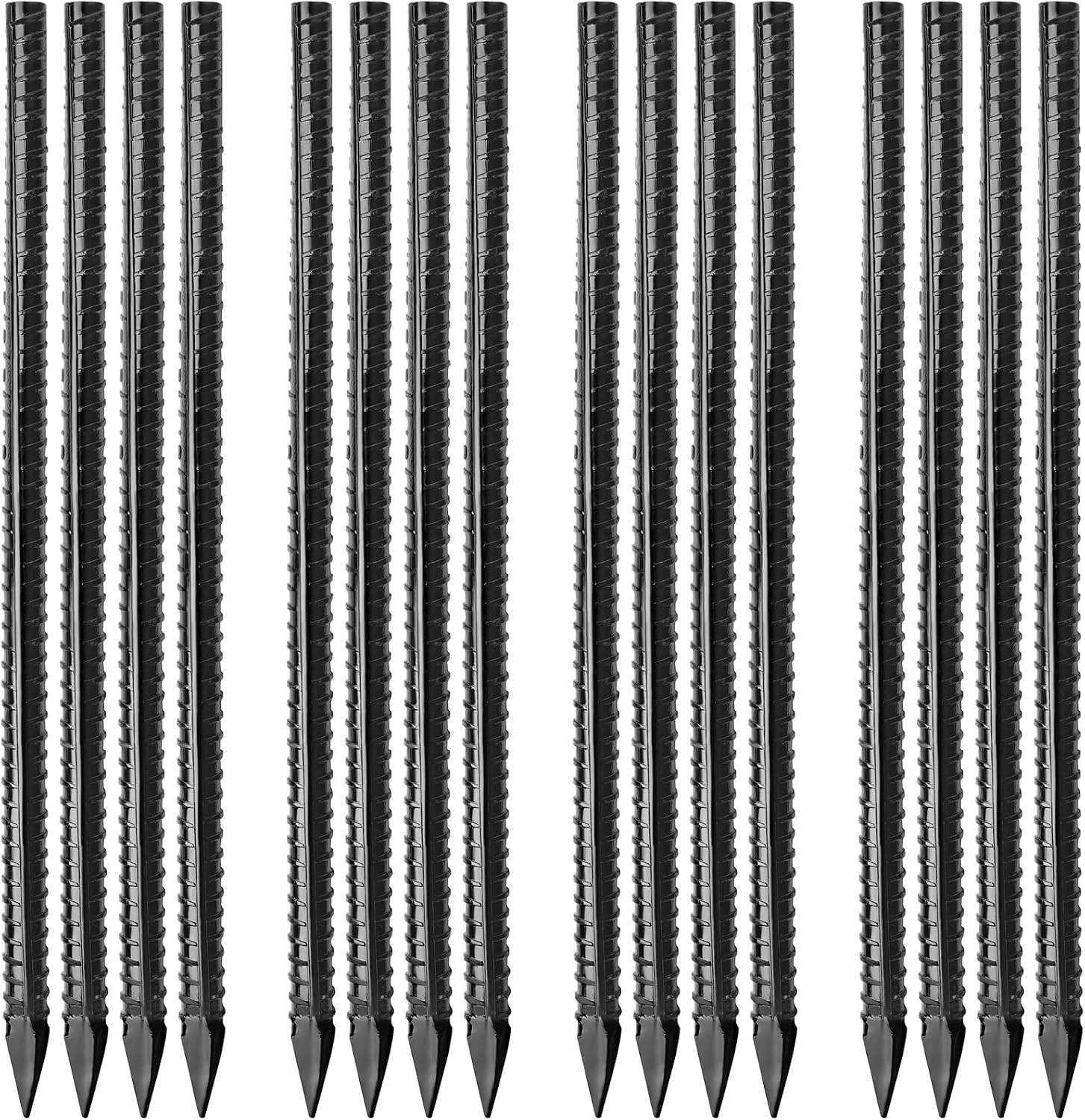 Besitu 16 inches Ground Rebar Stakes (16 pcs) Heavy Duty Metal Spikes for Concrete Timber Garden Plant, Long Straight Steel Stakes for Tent, 3/8" Thickness Ground Anchors with Chisel Point End, Black