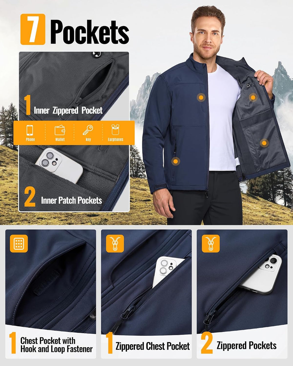 33,000ft Men's Lightweight Softshell Jacket Fleece Waterproof Windbreaker