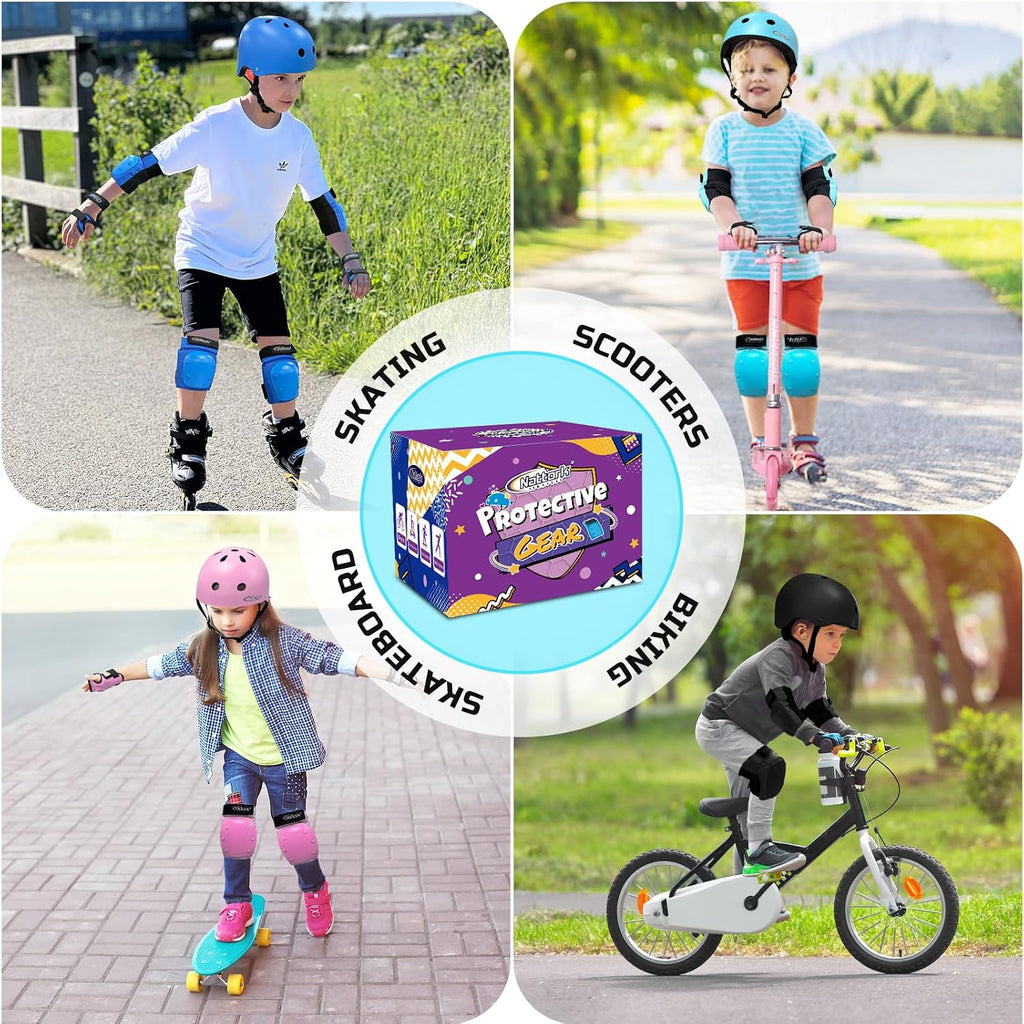 Nattork Knee Pads for Kids Youth Audlt，Knee and Elbow Pads with Wrist Guards 6 in 1 Protective Gear Set for Skateboard, Roller Skate, Inline Skates, Cycling and Scooter Boys Girls