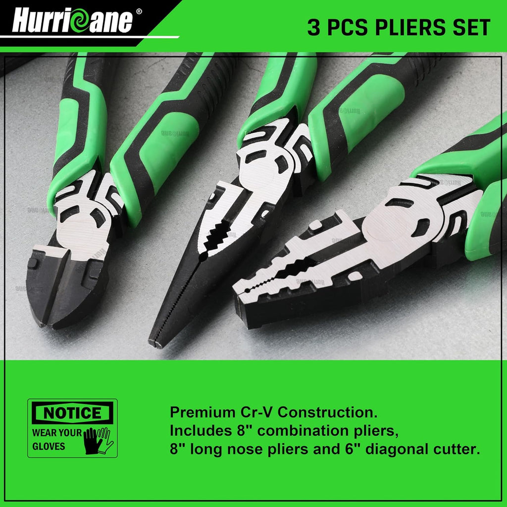 HURRICANE 3-Piece Pliers Set - Heavy-Duty with 8-Inch Linesman, Needle Nose Pliers and 6-Inch Diagonal Cutters for Basic Repair