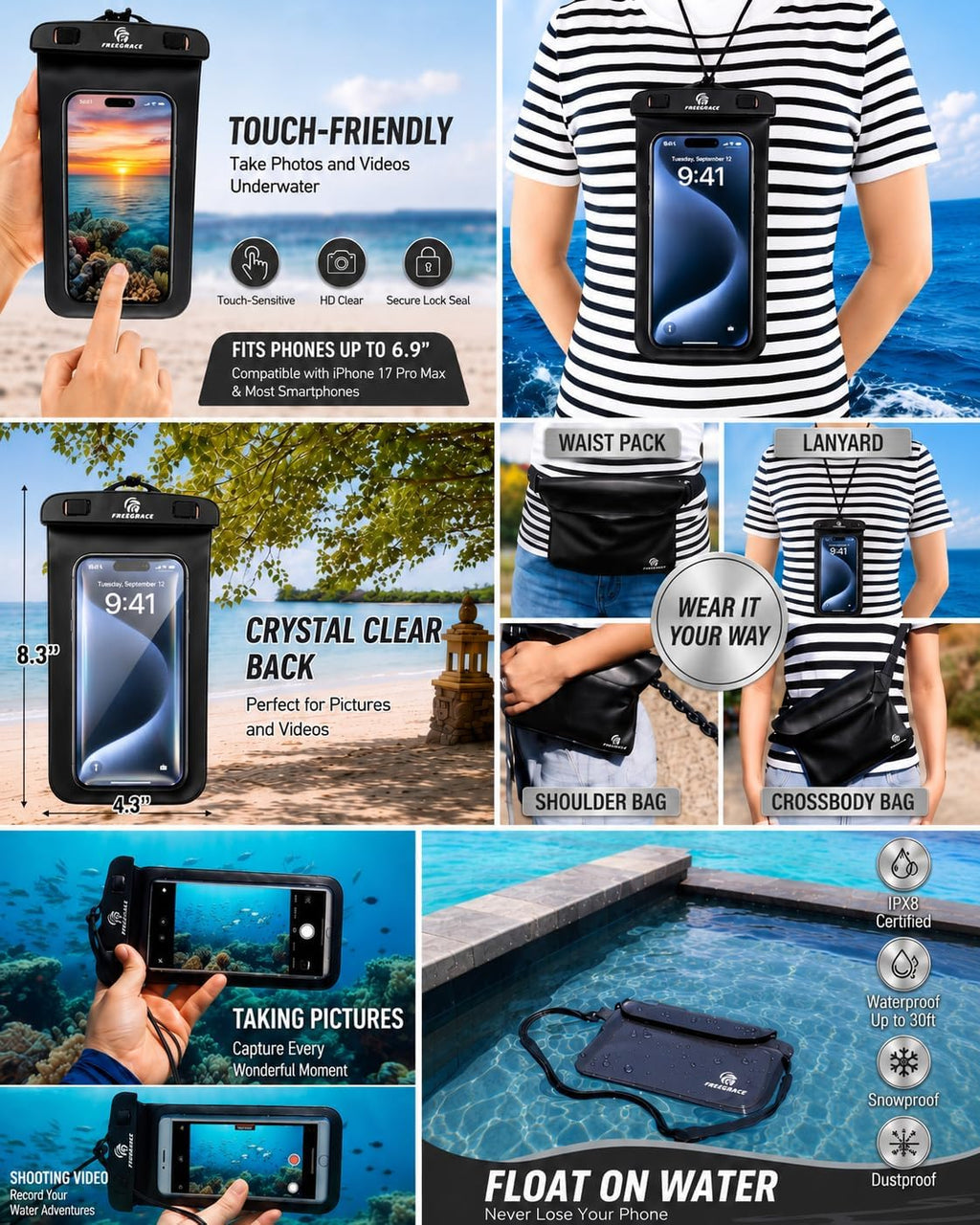 Freegrace Waterproof Dry Bag with Double Zip-Lock, Fanny Pack & Phone Case