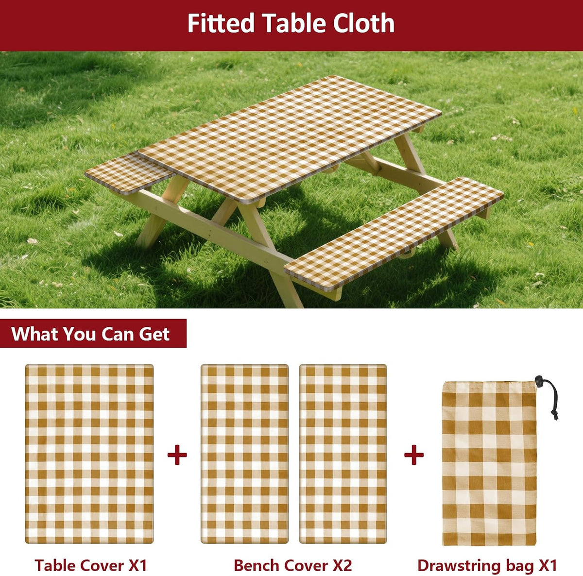 6ft 72in Picnic Table and Bench Cover, 3 Pack, Coffee Checkered