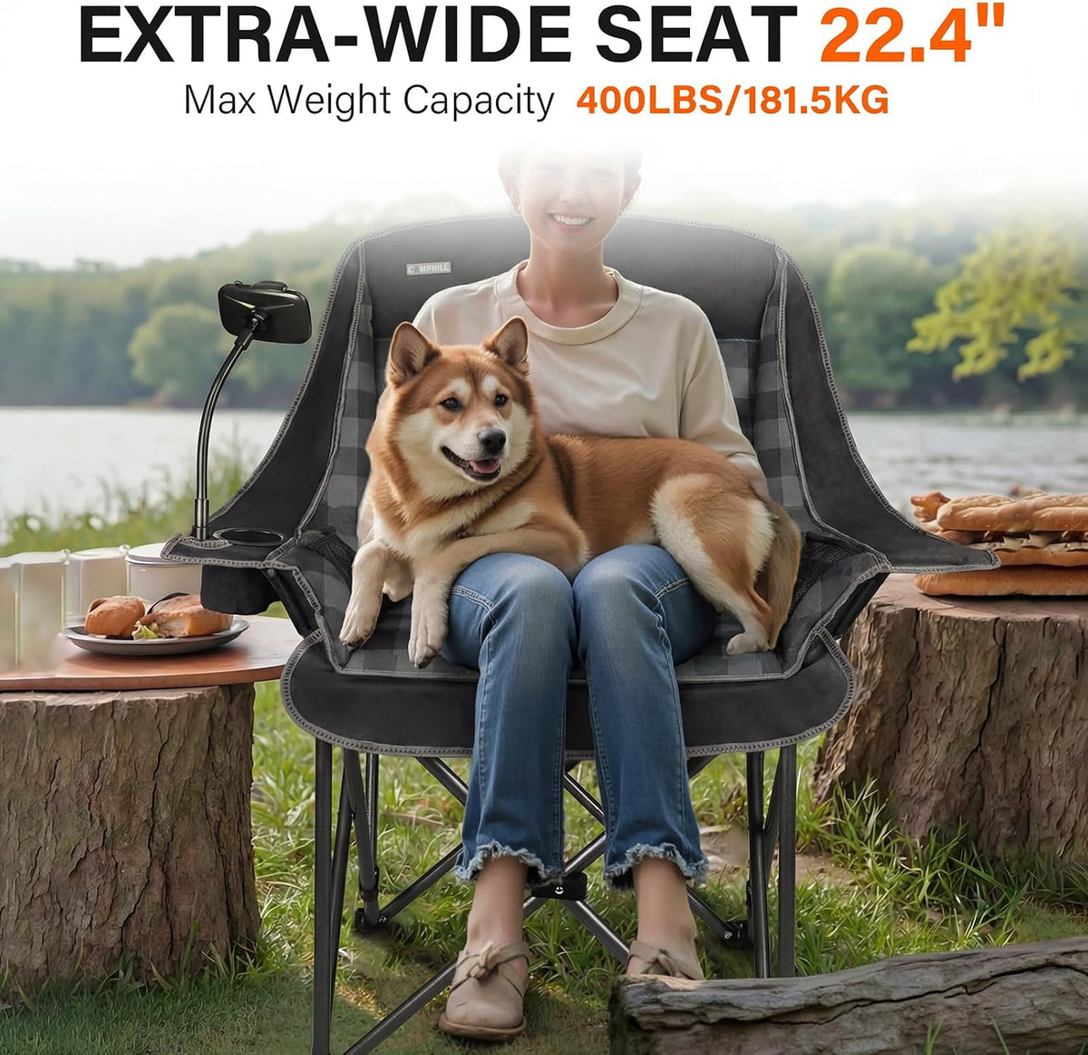 Oversized Camping Chairs for Adults- Heavy Duty Extra Large Lawn Chair,Folding Comfy Padded Camp Chair for Outdoor Sports Garden Beach,Wide&Thick,Black Plaid