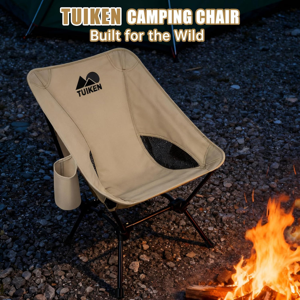 Ultralight Camping Chair Backpacking Chair, Portable Camp Chair with Cup Holder & Storage Bag, Lightweight Compact Folding Chair for Hiking, Travel, Picnic Mountaineering (Light Brown)