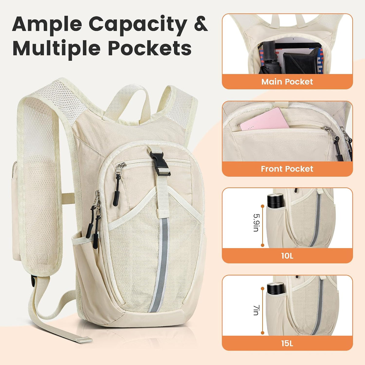 Small Hiking Backpack 10L- Lightweight Packable Foldable Backpack for Travel Camping Outdoor Commute, Compact Rucksack for Women Men(Beige)