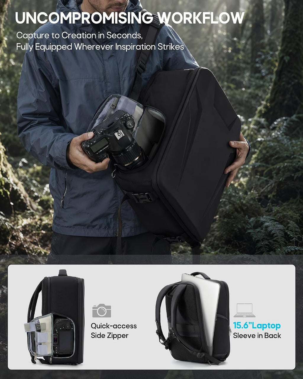 RAINSMORE Camera Backpack,Hardshell Photography DSLR Camera Bag,Black