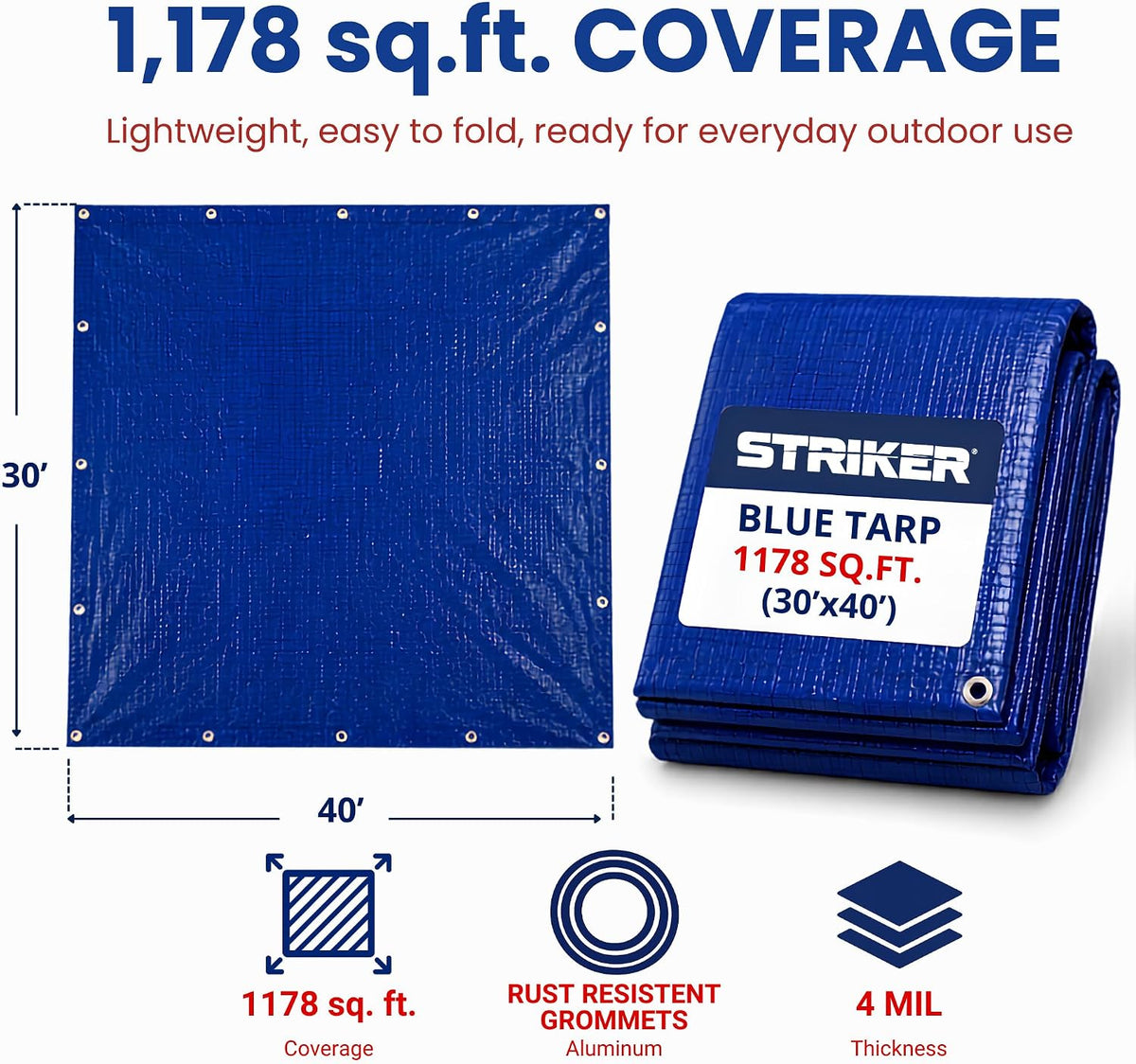 Striker Blue Tarp, Waterproof, UV Resistent, Covers 1178 Sq. Ft '30by40'