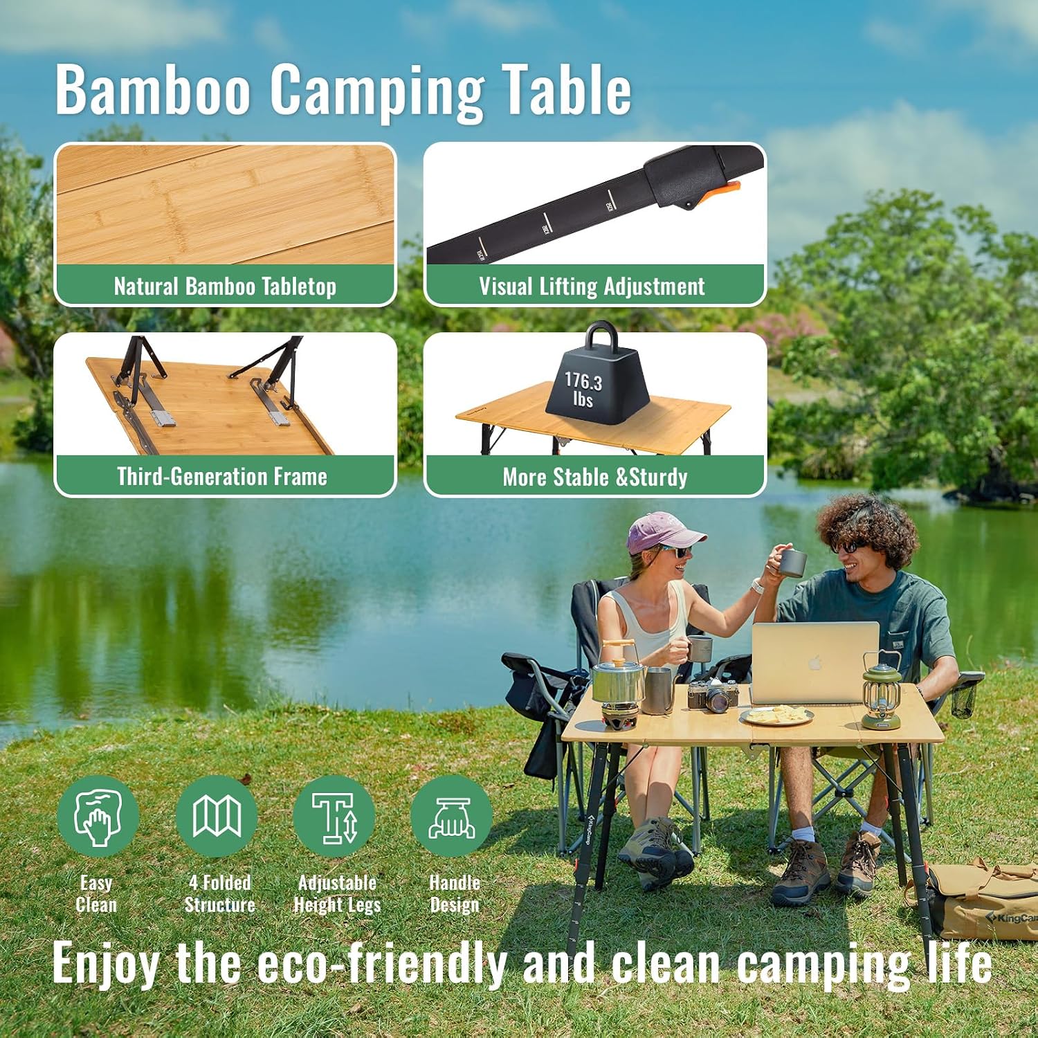 KingCamp Bamboo Folding Camping Table with Adjustable Height