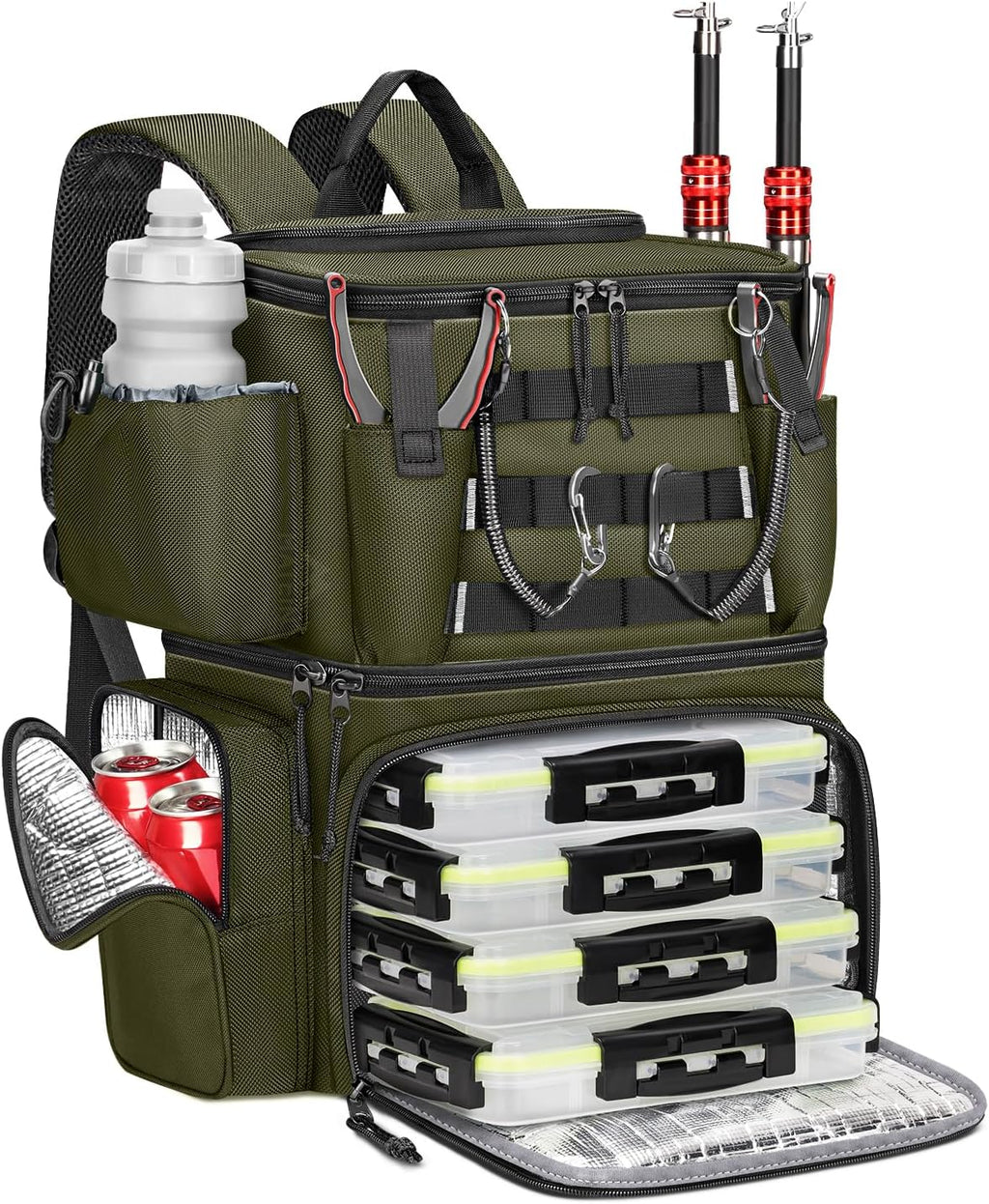 MATEIN Fishing Backpack with 4 Tackle Boxes, Fishing Bag with Rod Holder