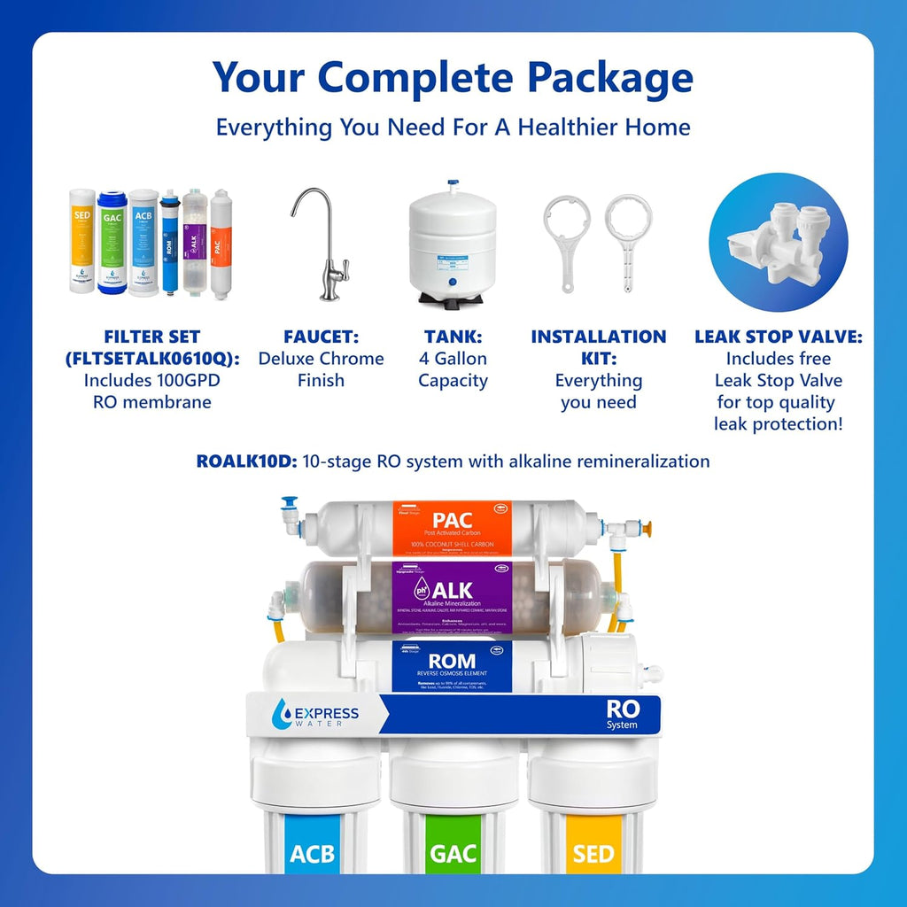 Express Water ROALK10D, 10-Stage Under Sink RO System, Alkaline, 100 GPD