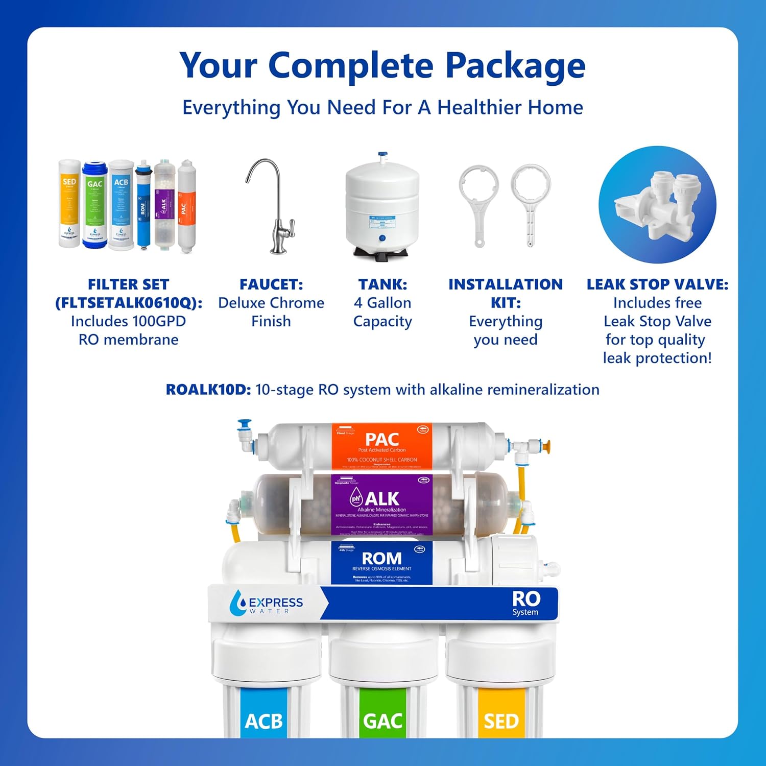 Express Water ROALK10D, 10-Stage Under Sink RO System, Alkaline, 100 GPD