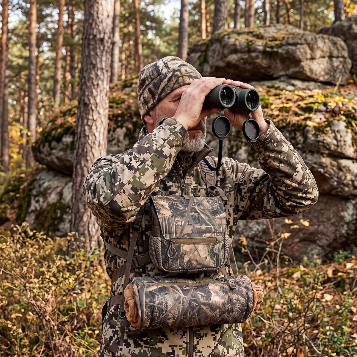 Binoculars Harness Chest Pack with Rangefinder Pouch and Hand Warmer Pockets, Adjustable Shoulder Strap, Ideal for Hunting, Hiking(Vintage,Camouflage)