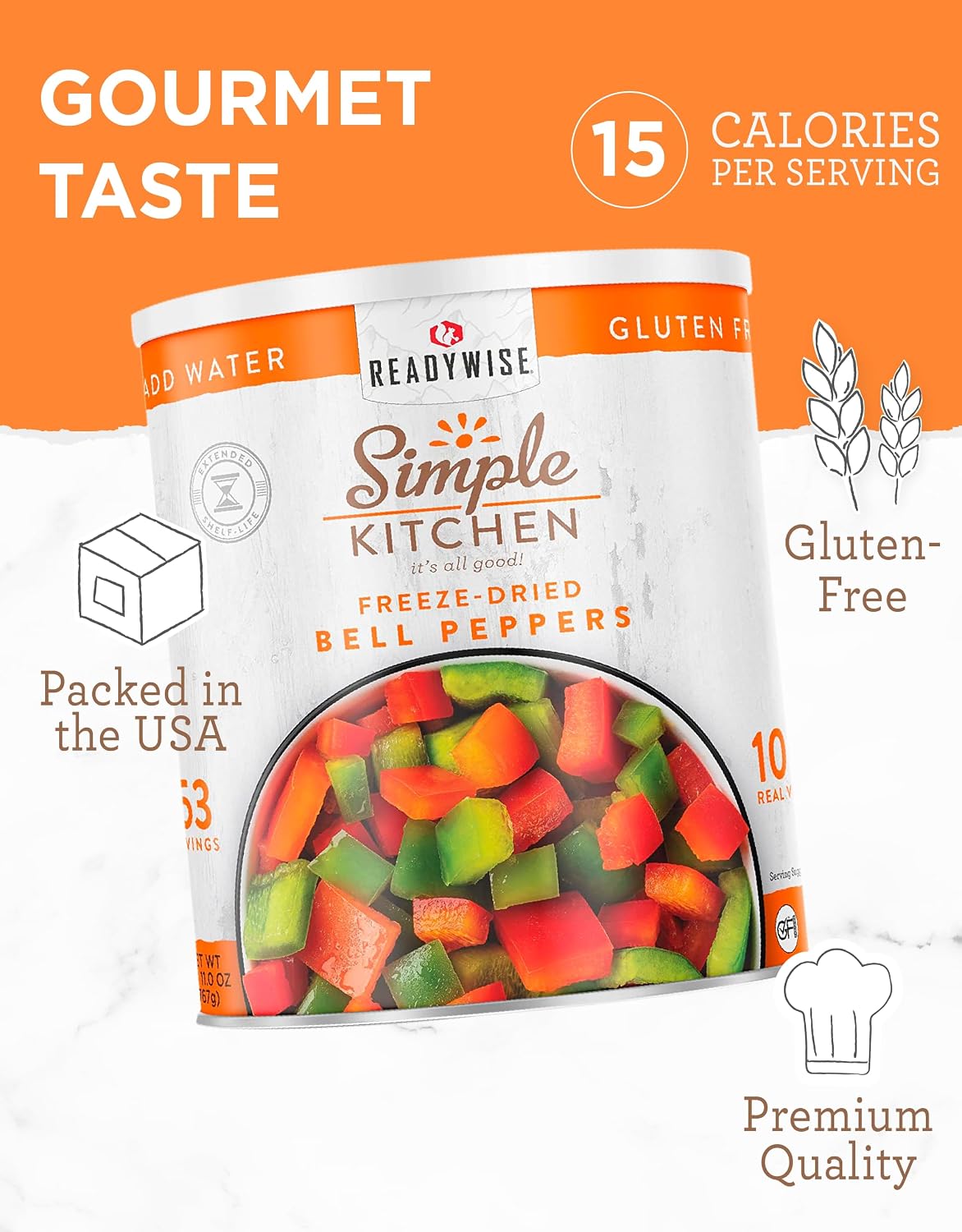 SIMPLE KITCHEN Dehydrated Bell Peppers #10 Can, 153 Servings, Camping Food