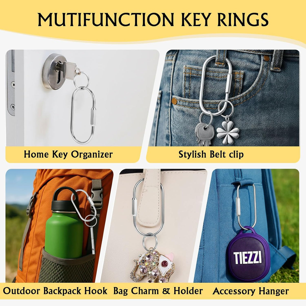 Tiezzi Gold Brass Key Rings, 10 Pack Keychain with 10 Flat Rings Carabiner Clip, Screw Lock Keys Organizer, Purse Bag Accessories Charms Holder for Handbags, Doll, Car Keys - Medium Size,Silver
