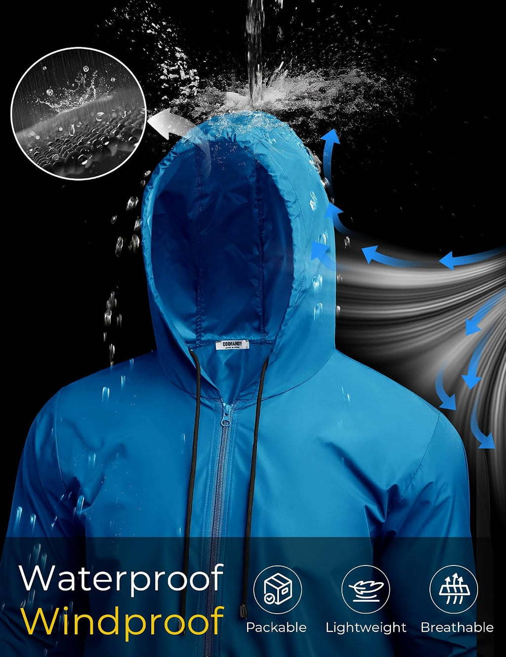COOFANDY Mens Packable Rain Jacket Lightweight Waterproof Raincoat with Hood Outdoor Rain Gear Travel Hiking Cycling
