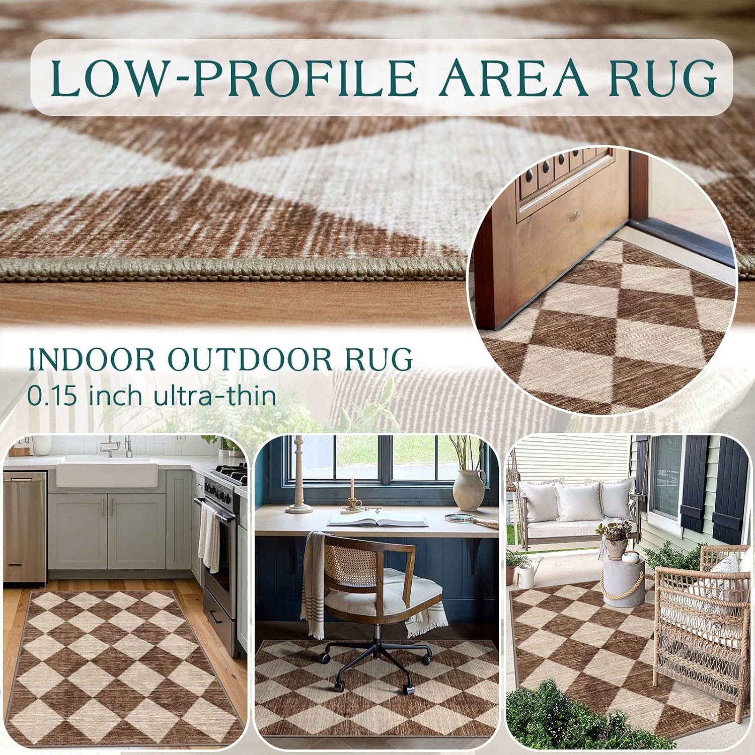 Brown Beige Checkered Entry Rug - 3x5 Non-Slip Indoor Outdoor Rugs