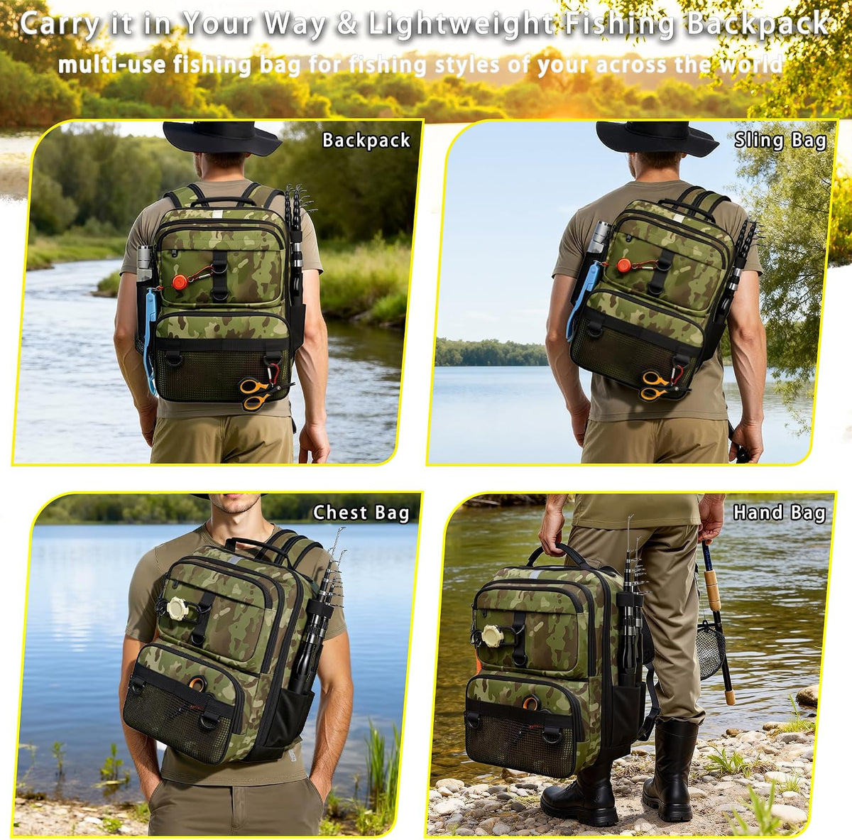 Fishing Backpack with Tackle Boxes and Rod Holder, Fish Lure Kit and Tool