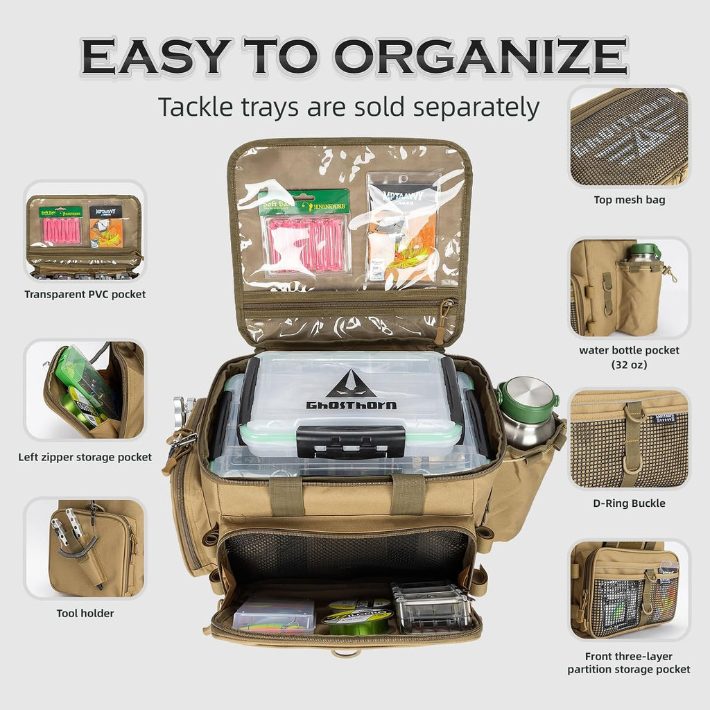 Ghosthorn Large Fishing Tackle Bag with Rod Holder Waterproof Gear Storage