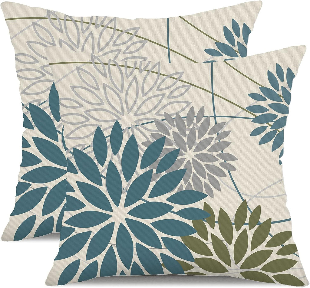 DFXSZ Blue ArmyGreen Floral Outdoor Pillow Covers 16x16 Set of 2 Waterproof