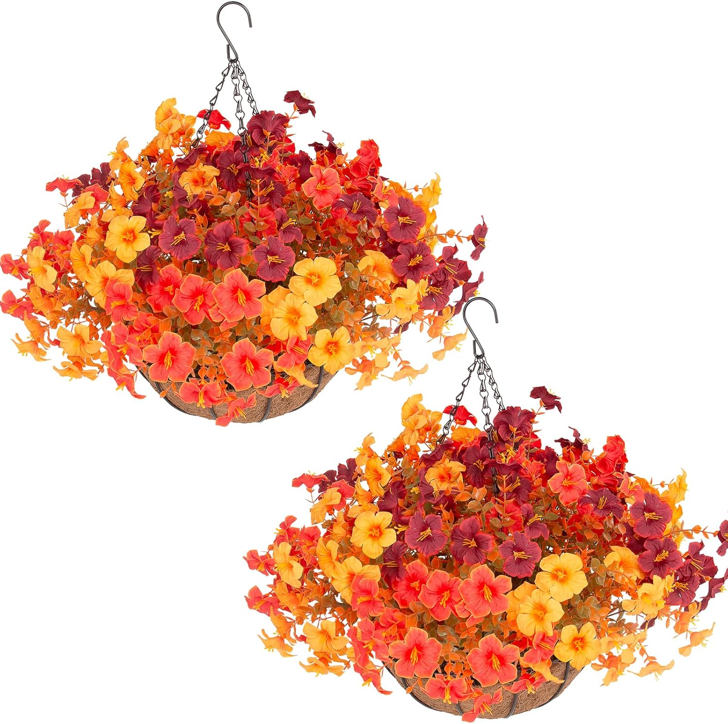 Daynight 2 Set Artificial Outdoor Fall Flowers with Hanging Baskets, 24 Pcs Faux Petunias Flowers with Hanging Planter for Outside Porch Yard Garden Autumn Decor (2, Orange)