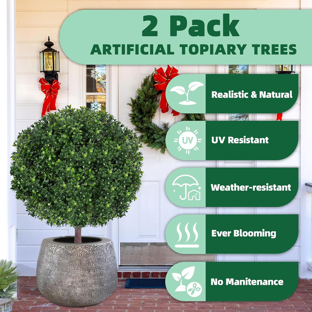 27.5" Artificial Boxwood Topiary Ball Tree, Set of 2 Fake Bushes Shrubs with Ground Spike, UV Resistant Faux Evergreen Boxwood Trees for Front Porch Planters Outdoor Garden Decor