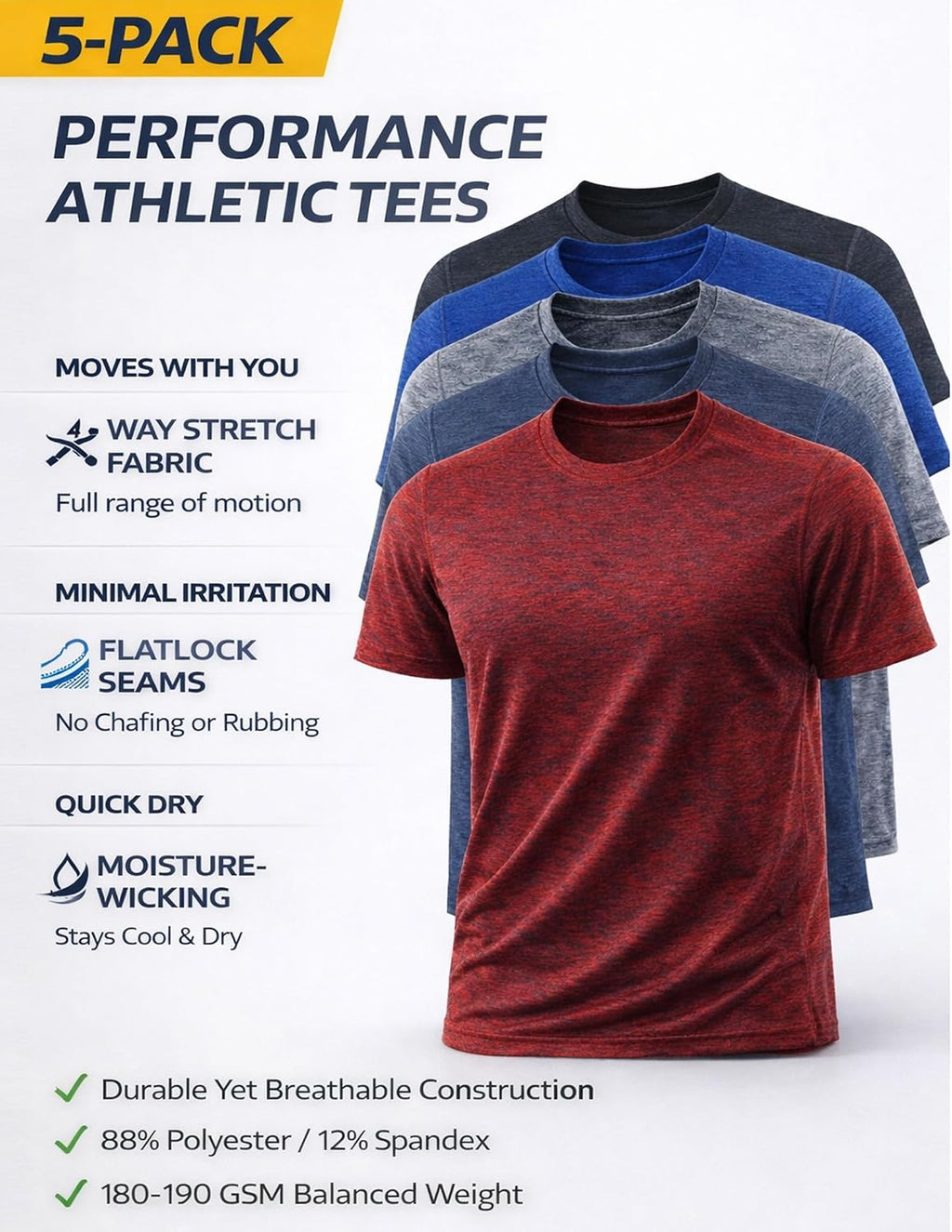 5 Pack Men’s Active Quick Dry Crew Neck T Shirts | Athletic Running Gym Workout Short Sleeve Tee Tops Bulk