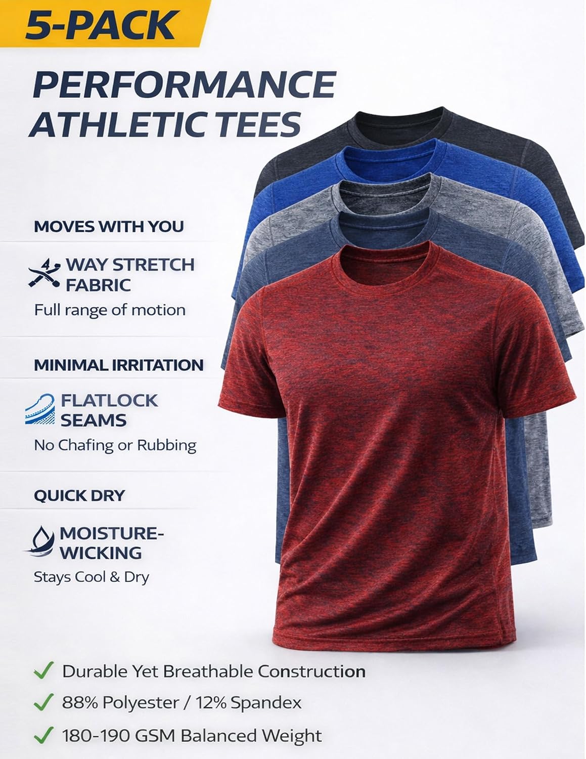 5 Pack Men’s Active Quick Dry Crew Neck T Shirts | Athletic Running Gym Workout Short Sleeve Tee Tops Bulk