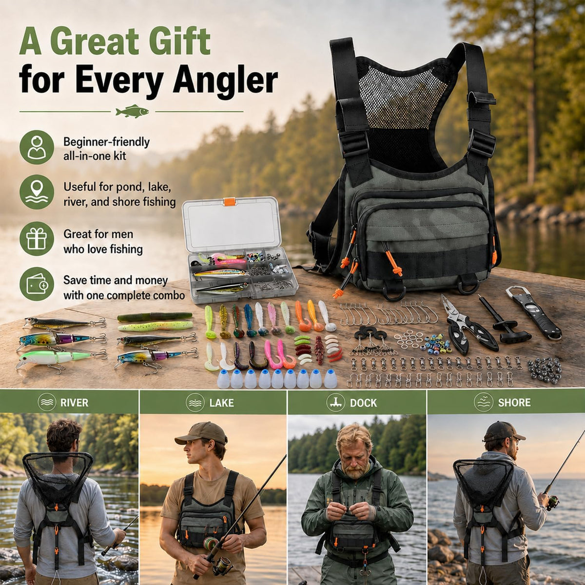All in One Fishing Chest Pack Tackle Bag with Tackle Box, Fishing Lures Kit