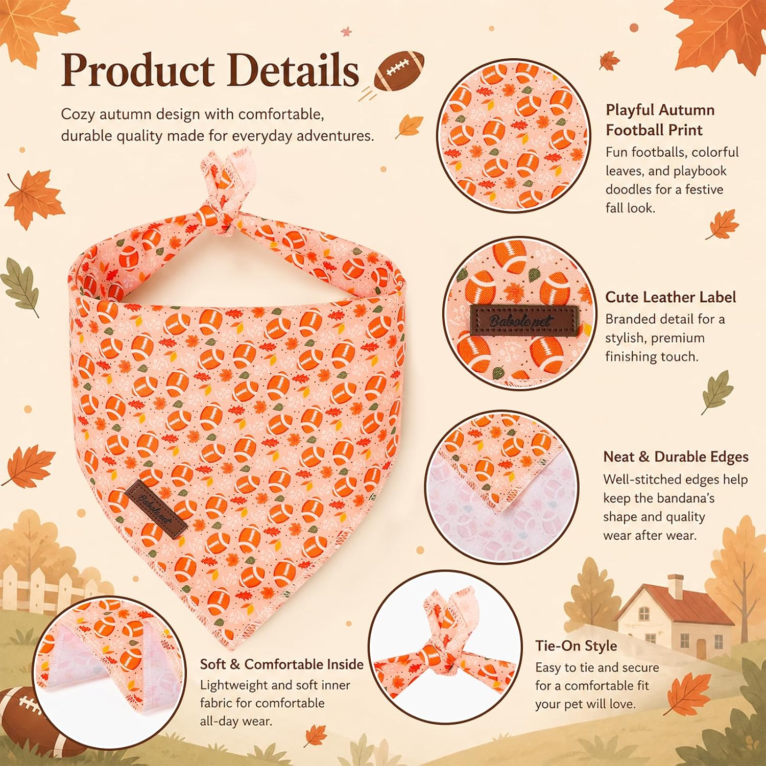 Fall Dog Bandanas Girl Boy American Football Cotton Washable Comfortable Triangle Dog Scarf Adjustable Pet Bib Kerchief for Small Medium Large Dogs L