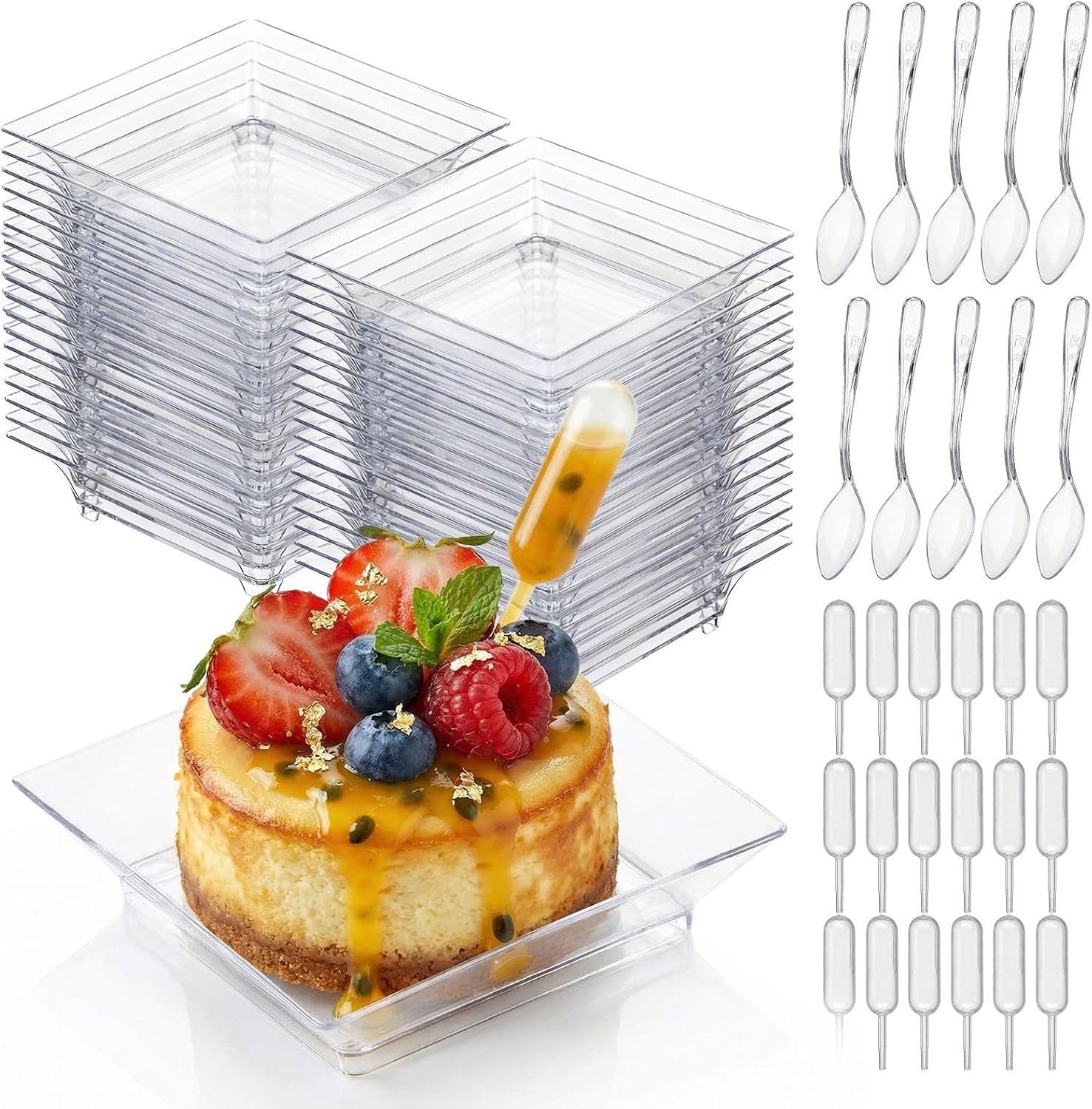 Mifoci 100 Set Mini Dessert Plates Spoon and Pipette, Square Plate & Spoon