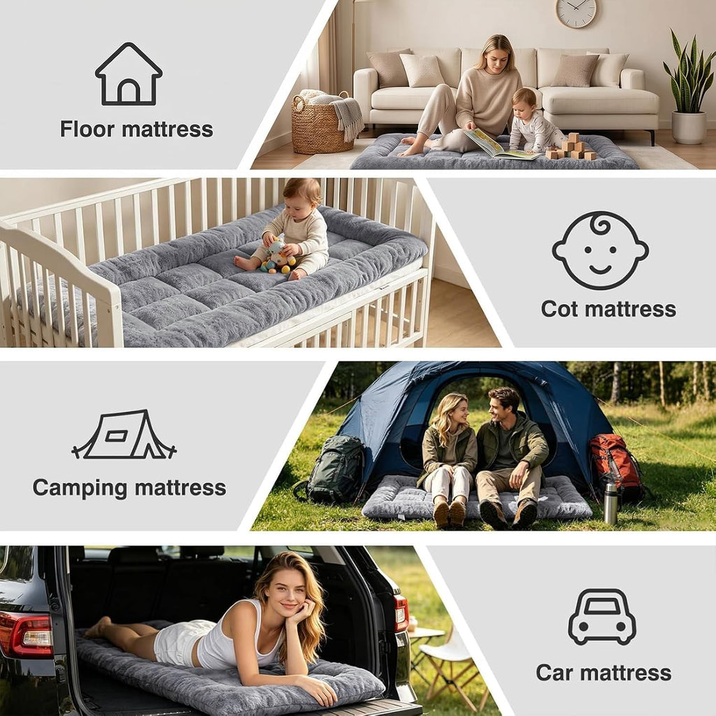 Thick Camping Sleeping Pad - Faux Rabbit Fur Ultra Soft & Non-Slip Sleeping Mat with Portable Roll up Camping Cot Pad for Travel Car Tent Guest Bed