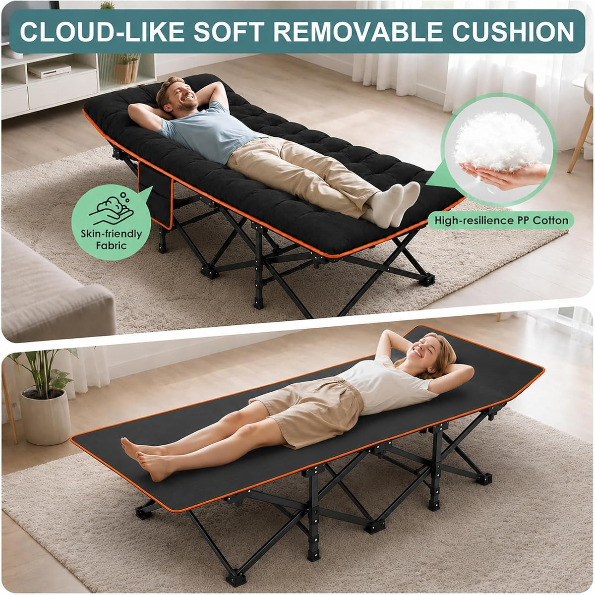 Redeer Camping Cot with Mattress 900LB, Heavy Duty Cots for Adults 75"x28" 1200D Oxford Folding Cot, Pad Bed for Camping, Home, Hospital Care, Office, Beach, Pool, Hiking, Carry Bag(Black)