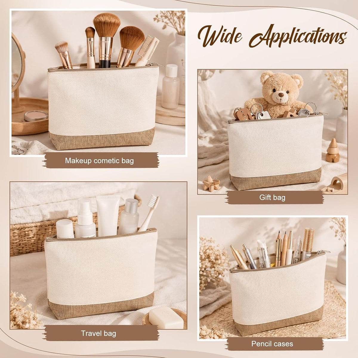 Reginary 10 Pcs Canvas Makeup Bags Bulk Blank Cosmetic Bags,Linen Color