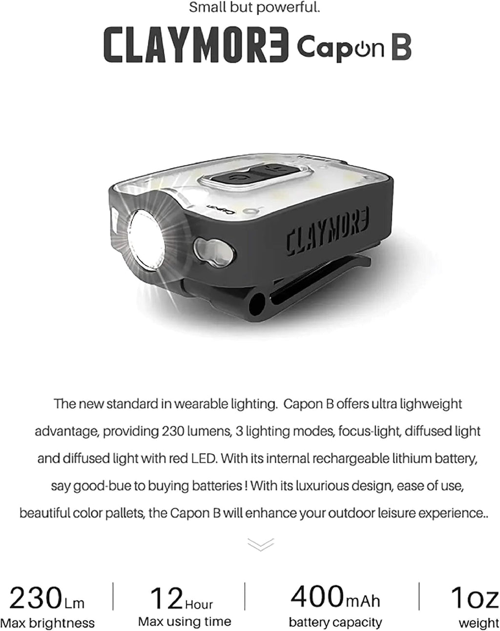 Claymore Capon 40B Red Clip-On Cap Light – USB-C Rechargeable 230LM LED Headlamp | 3 Light Modes 180° Adjustable Beam IP54 Water Resistant Up to 12 Hrs Runtime for Camping, Running, Outdoor