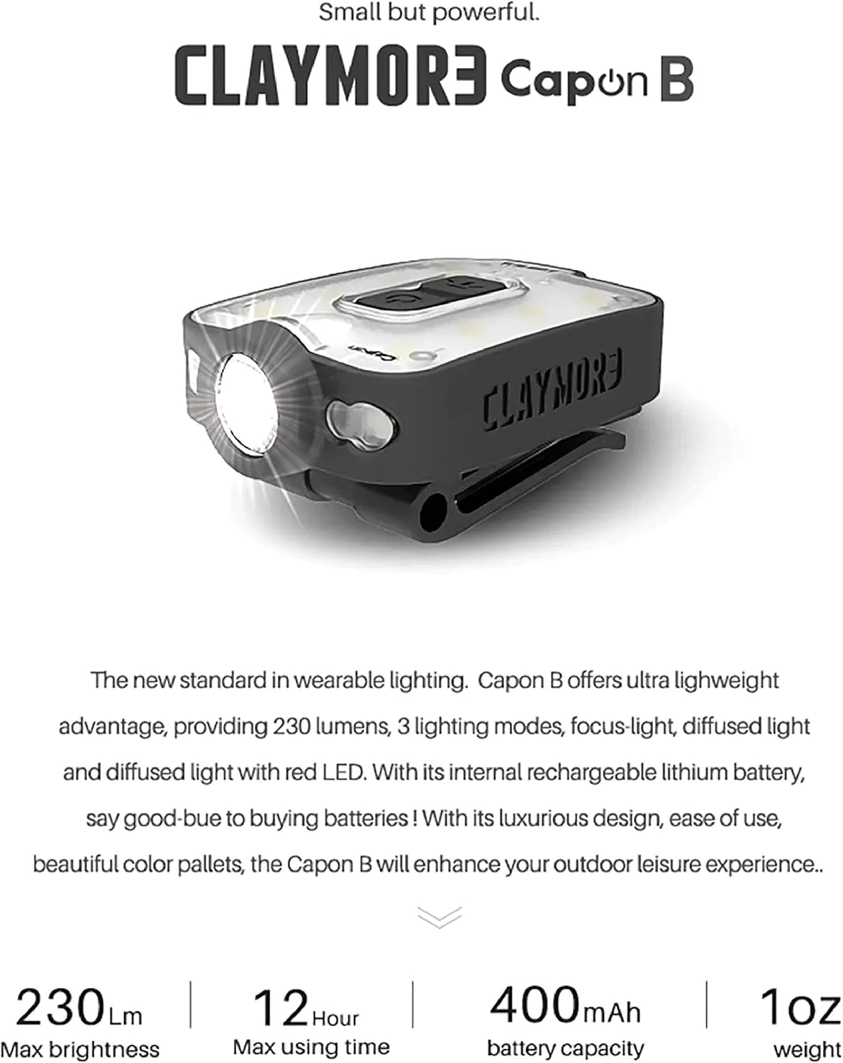 Claymore Capon 40B Red Clip-On Cap Light – USB-C Rechargeable 230LM LED Headlamp | 3 Light Modes 180° Adjustable Beam IP54 Water Resistant Up to 12 Hrs Runtime for Camping, Running, Outdoor