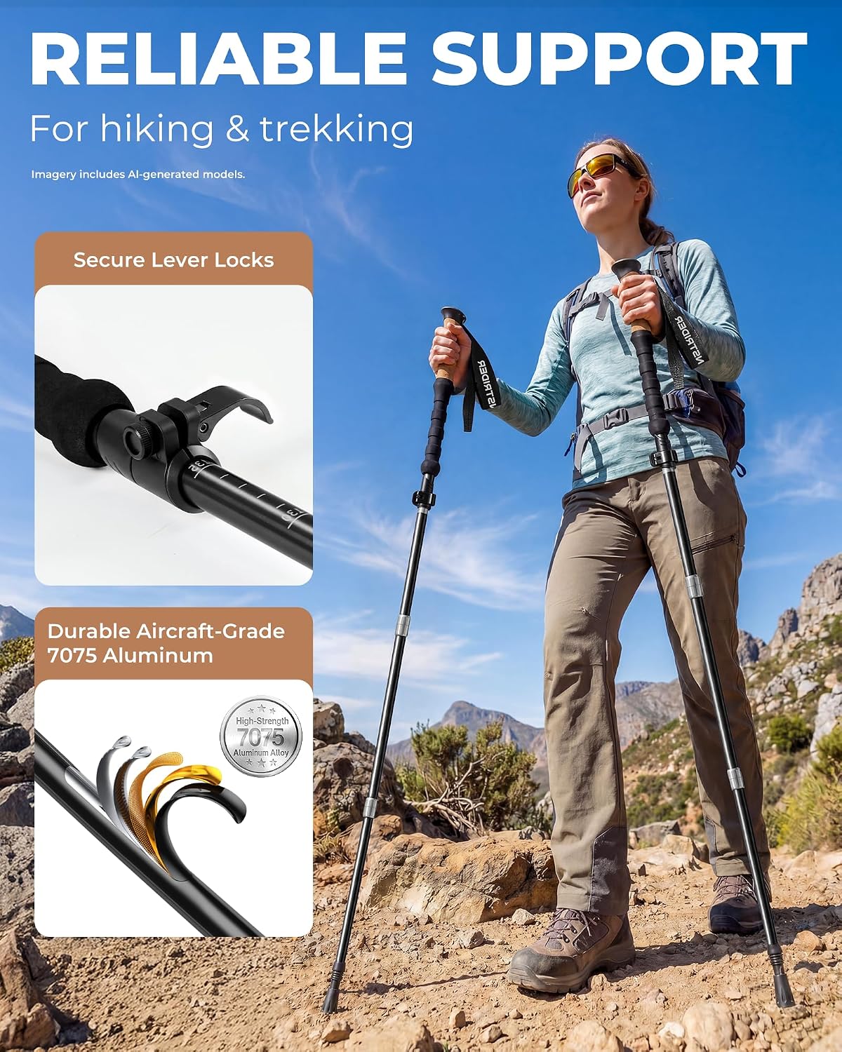 Trekking Poles for Hiking - Collapsible Lightweight 7075 Aluminum Hiking Poles (9.5 oz), Cork Grip Tri-Fold Walking Sticks for Seniors, Men & Women, Adjustable 43-53" (Set of 2)