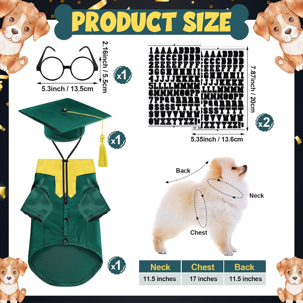 Huhumy 5 Pcs Dog Graduation Costume Set Include 2026 Pet Graduation Gown with Stole Puppy Grad Cap Lensless Glasses DIY Letter Stickers for Dogs Cats Holiday Costume Accessory(Green Yellow,S)