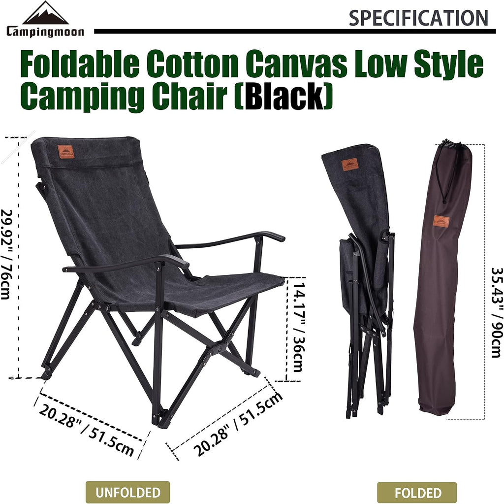 CAMPINGMOON Portable Cotton Canvas Campfire Bonfire Open Fire Camping Chair Low Style Chair Black F-1003C-BK