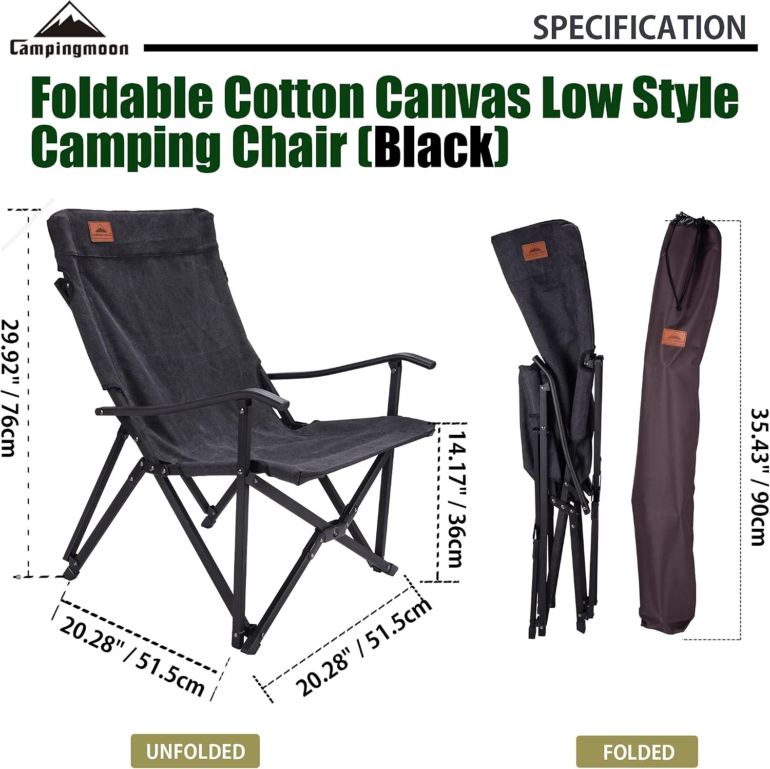 CAMPINGMOON Portable Cotton Canvas Campfire Bonfire Open Fire Camping Chair Low Style Chair Black F-1003C-BK