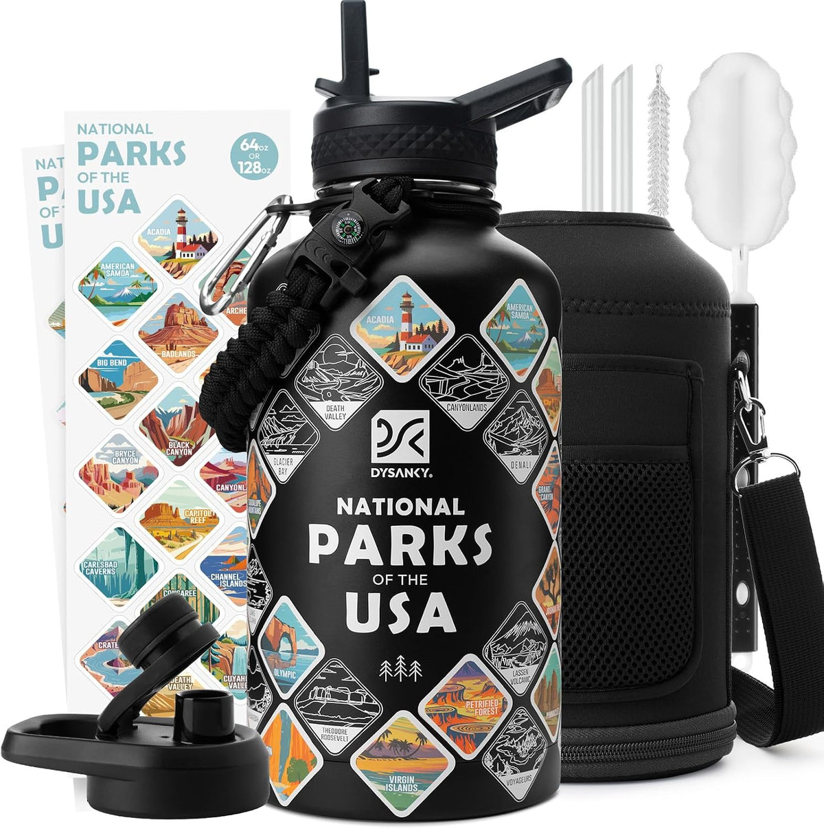 DYSANKY National Parks Water Bottle – 64 oz Insulated Stainless Steel Bottle with 63 Hand-Drawn Park Stickers, Carrier Bag, Strap & Gift Box – BPA-Free – Ideal for Hiking, Camping & Travel