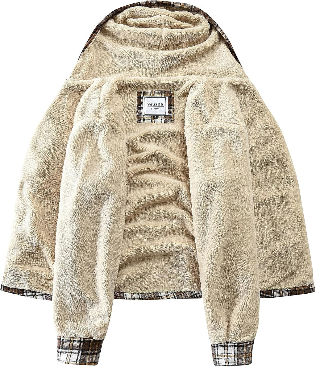 Men's Zip Up Flannel Shirt Jacket Fleece Lined with Hood