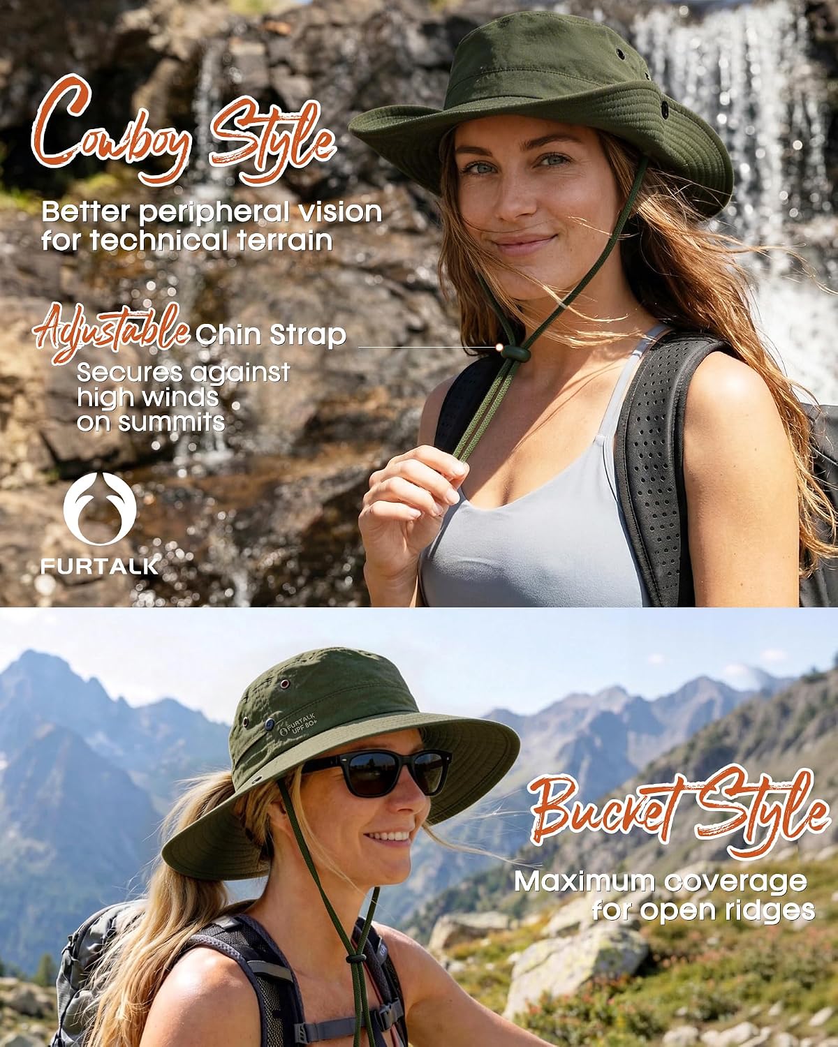FURTALK Sun Hats for Women Wide Brim Bucket Hat Ponytail Hole Outdoor UPF