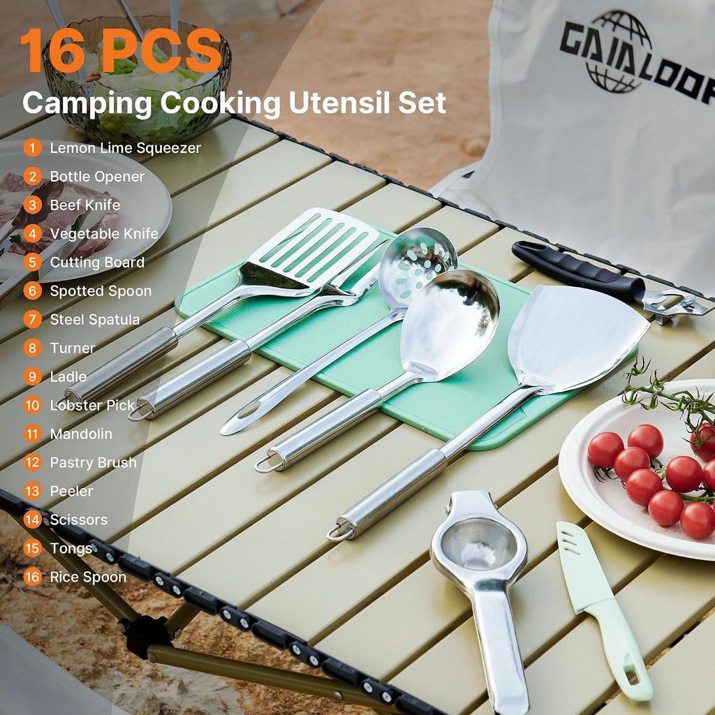 Gaialoop Portable Camping Cooking Utensils Set, Camp Kitchen Set with Organizer Bag, RV Essentials Outdoor Cooking Utensil Kit for Travel, Picnics, Camping, BBQs, Parties