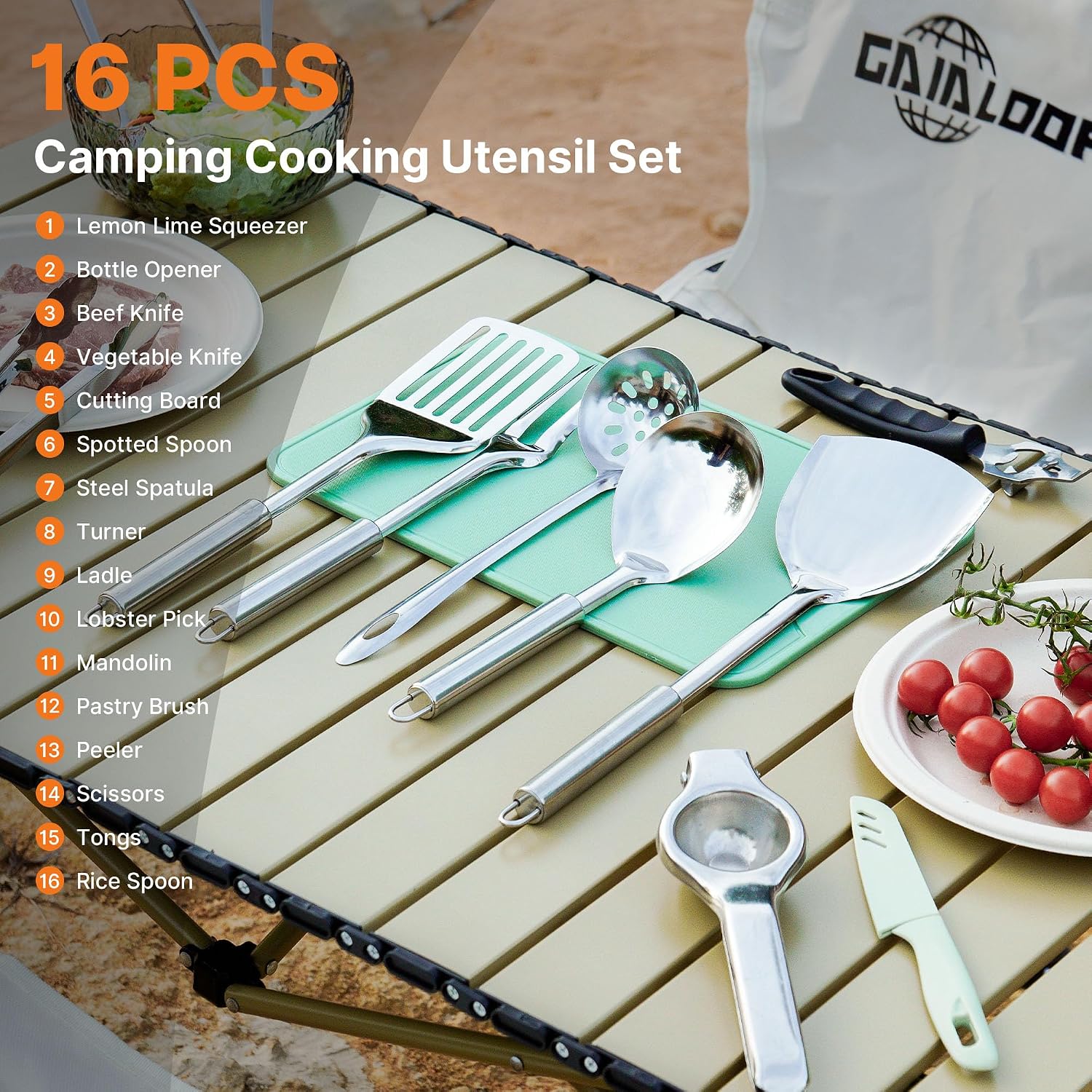 Gaialoop Portable Camping Cooking Utensils Set, Camp Kitchen Set with Organizer Bag, RV Essentials Outdoor Cooking Utensil Kit for Travel, Picnics, Camping, BBQs, Parties
