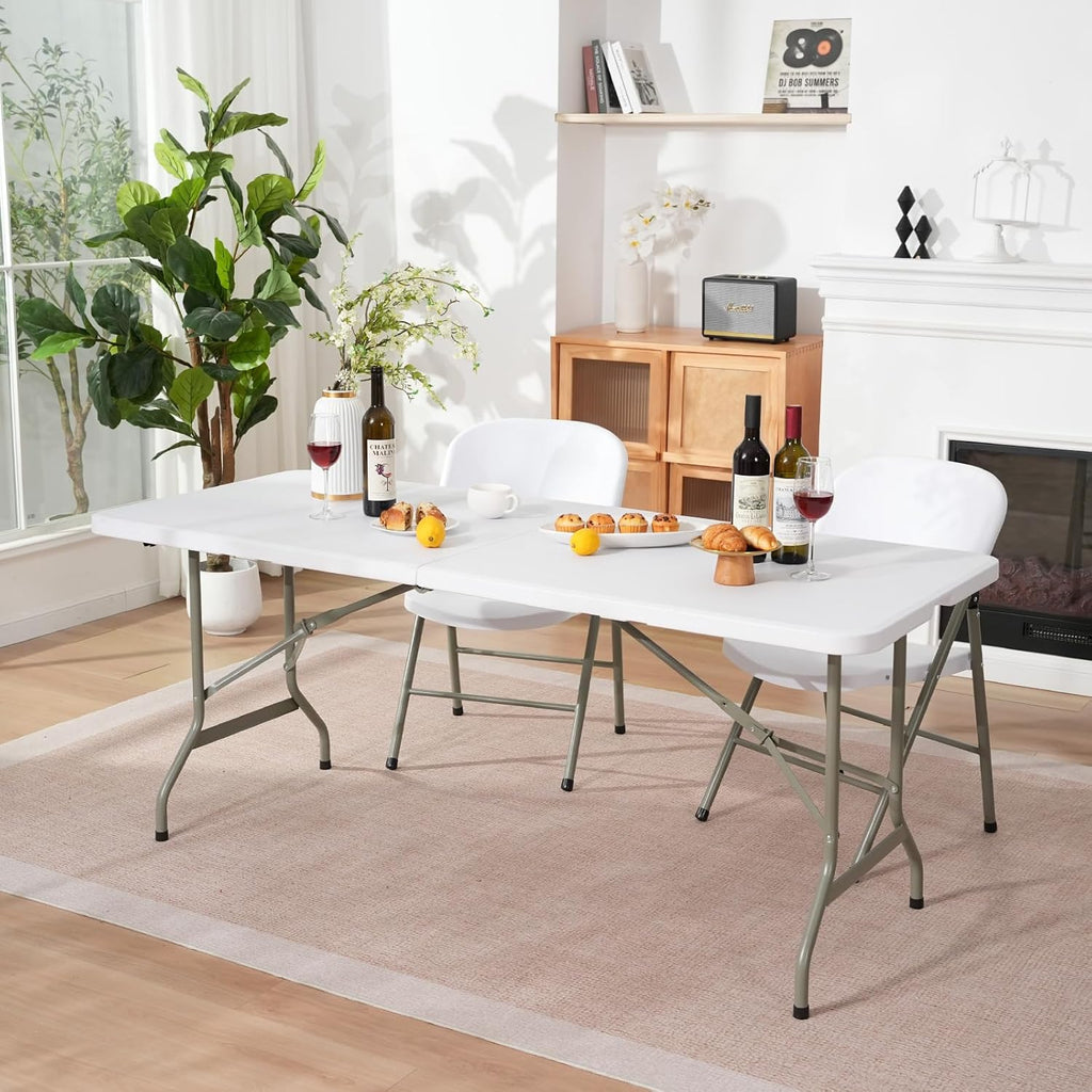 Folding Table 6ft, Heavy-Duty 500lbs Weight Capacity Foldable Table with HDPE Top & Steel Legs, Portable 6 Foot Picnic Table for Indoor Outdoor Parties, Camping, Event (White, 6 FT)